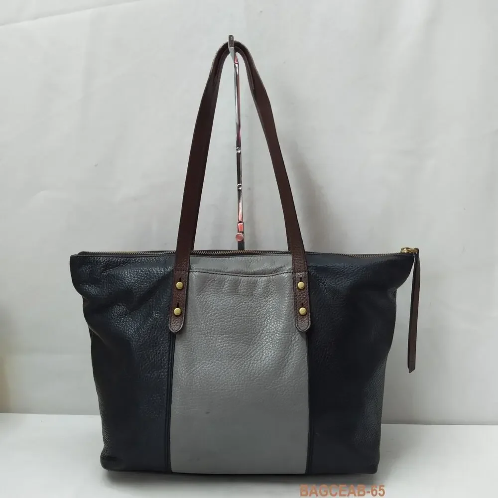 Fossil Colorblock Black Gray Pebbled Leather Double Handle Satchel Shoulder Bag